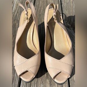 Stuart Weitzman beige leather slingback sandal wedge, size 36.5/6.5.